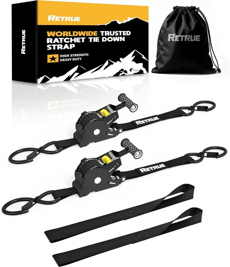 RETRUE Heavy Duty Self-Retracting Ratchet Straps, 10 Feet Retractable Ratchet Tie Down Straps with 1,500lb Break Strength for Trailers, Motorcycles, ATVs, Moving, Cargo Handling & More, Black (2 Pack) - Image 1